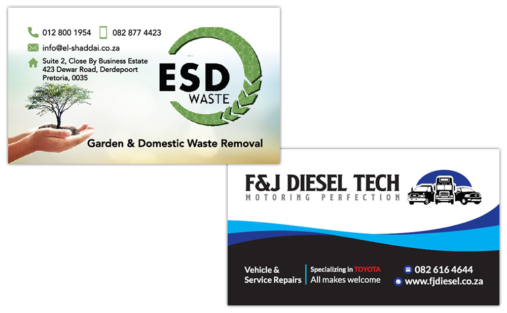 ESD Waste and F&J Diesel Tech, waste management business card designers, waste managers business card printers, waste management company, diesel technology business card designers