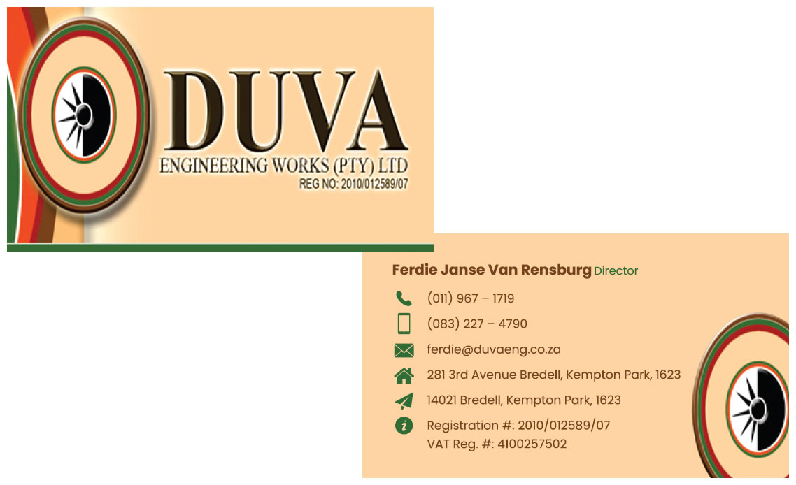 Duva Engineering Works, engineering company business card design, business card designers engineering firm