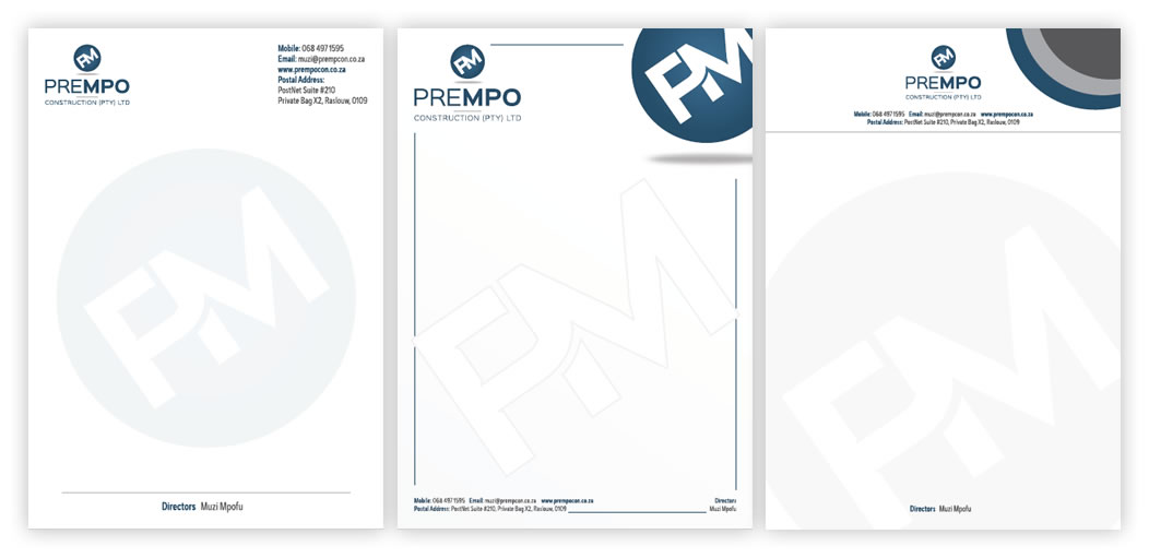 Prempo Construction (Pty) Ltd, construction company letterhead design, letterhead for construction company, builder company letterhead design