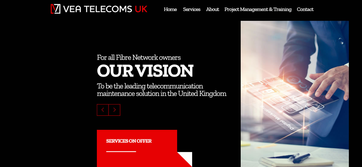 VEA Telecoms UK, telecoms company website design, fibre company web design, telecommunications website developers