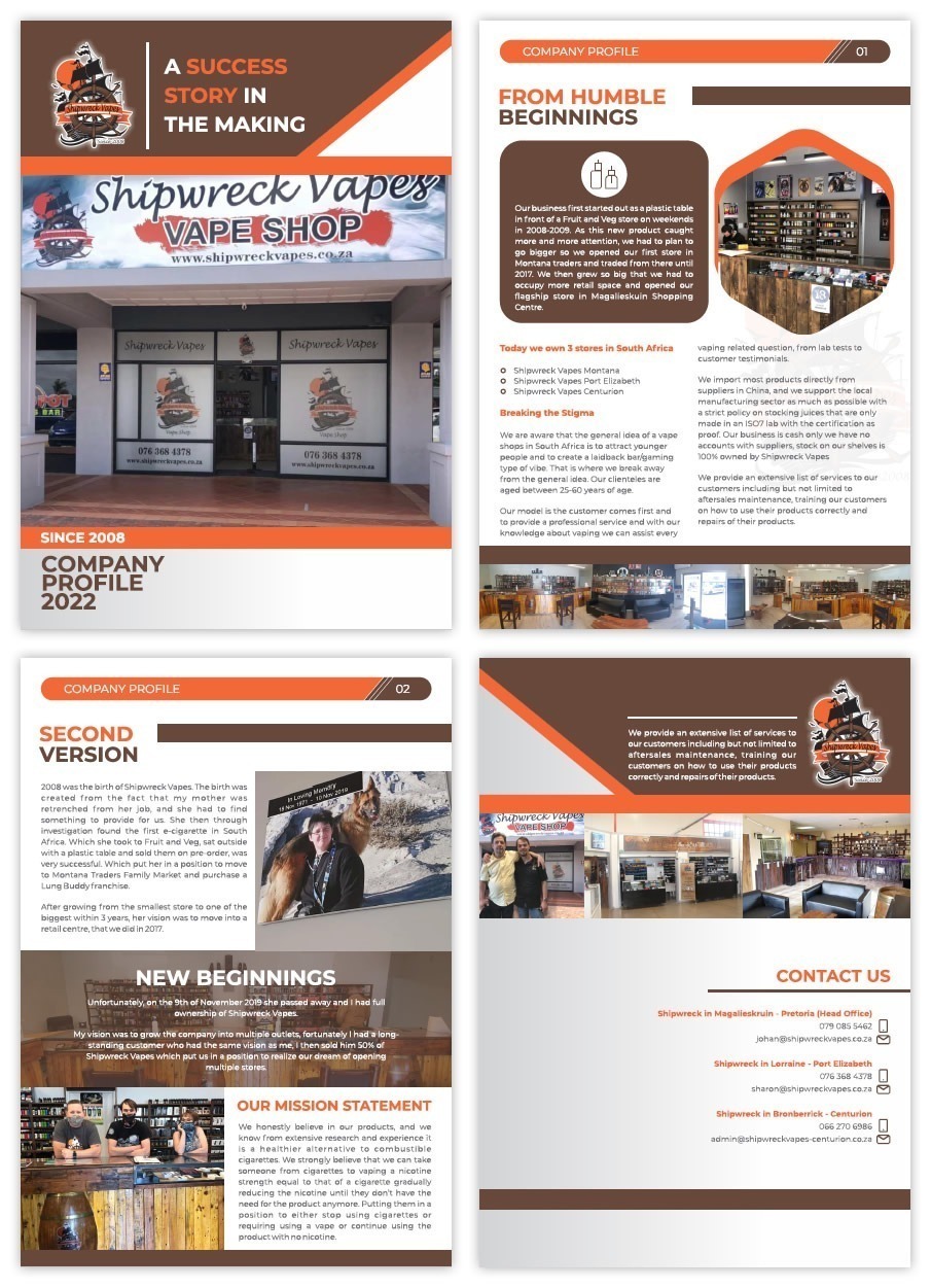 Shipwreck Vapes, Vaping Company Profile, Company Profile Design for Vaping Shop