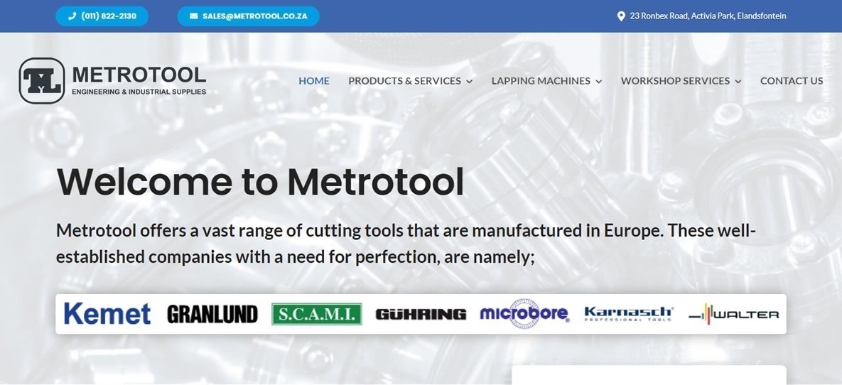 Metrotool, cutting tools, drills, metric taps. threading tools, taps, metric, imperial, milling cutters.Lapping, Polishing, metallography, ultrasonic cleaning machines, spot-facing tools