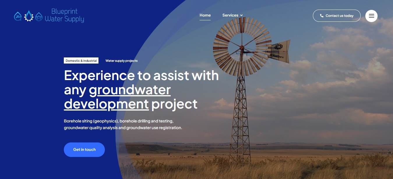 Blueprint Water Supply, Groundwater exploration, geophysical surveys, pumping test, water quality analysis, borehole pump installation, drilling supervision, GIS geographic info systems, aerial surveying, web designers, web design company, web designers near me, Pretoria, Gauteng, Johannesburg, Cape Town