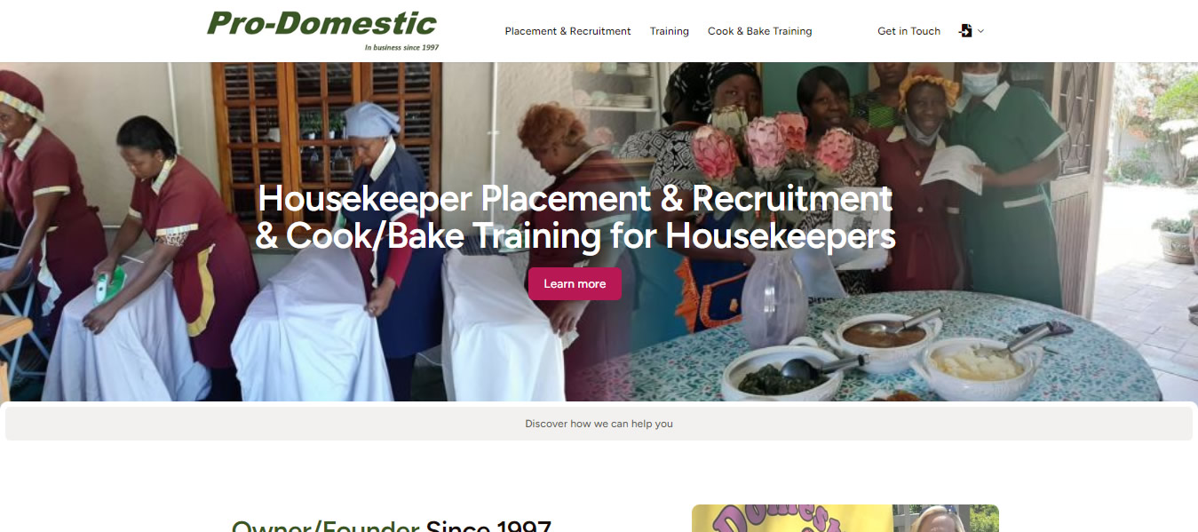 Pro Domestic, housekeeper placement website, housekeeper recruitment website, cook training website designers, bake training website designers, web designer for housekeeper training, pretoria, gauteng, johannesburg, near me