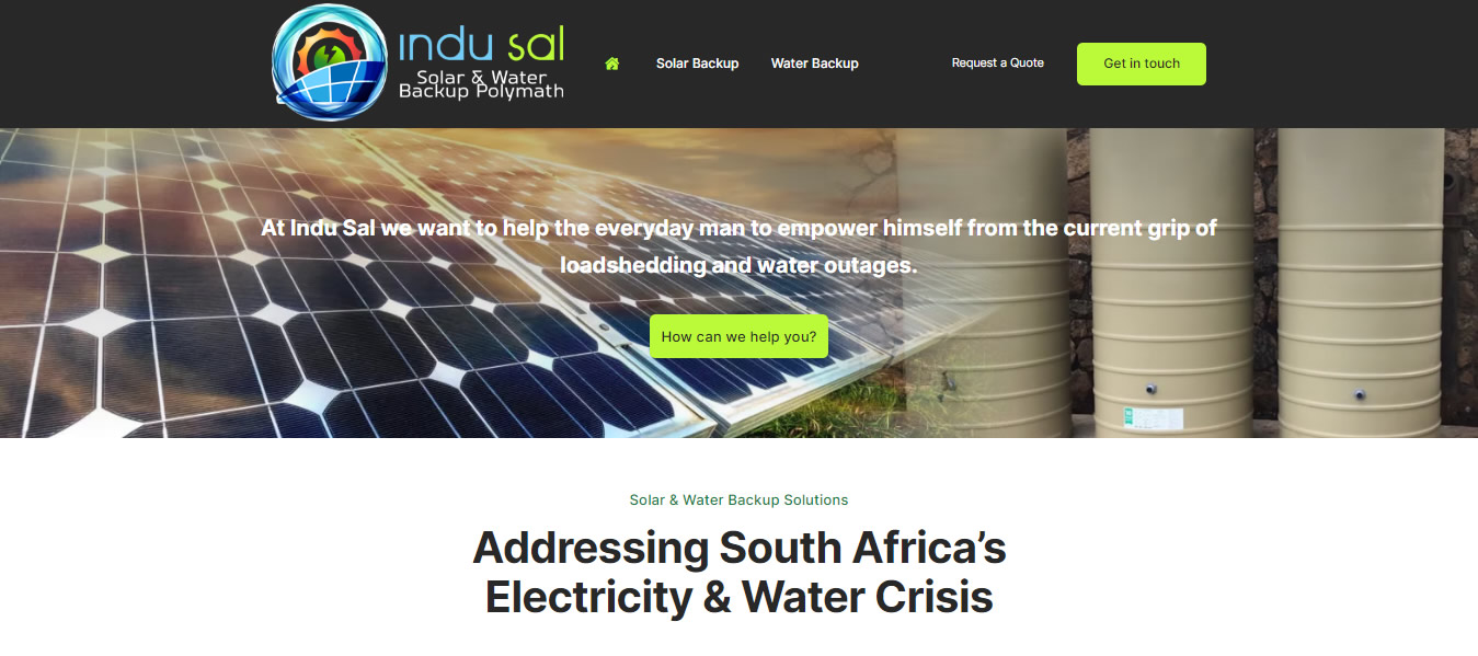 Indu Sal Solar and Water Backup Polymath, solar installers website, solar company website, water backup installers, water tank installers, water backup system installers website, solar website developers, near me, pretoria, gauteng, cape town