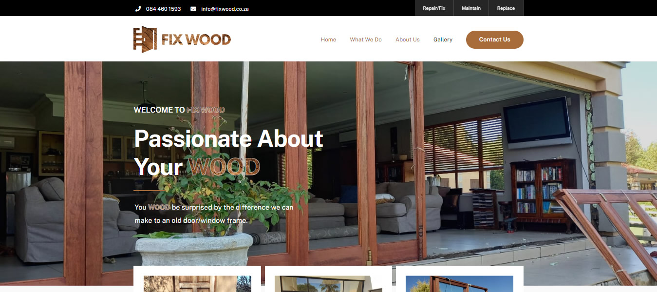 Fix Wood, wood repairer website, wooden door installer web designer, wood frame installers website, wood garage website, pretoria, gauteng, cape town