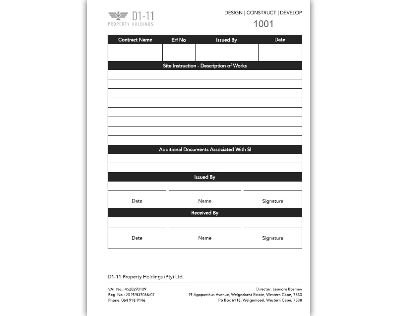 D1-11 Property Holdings – Site Instruction Book Printing Cape Town D1-11 Property Holdings Site Instruction Book Printing Cape Town